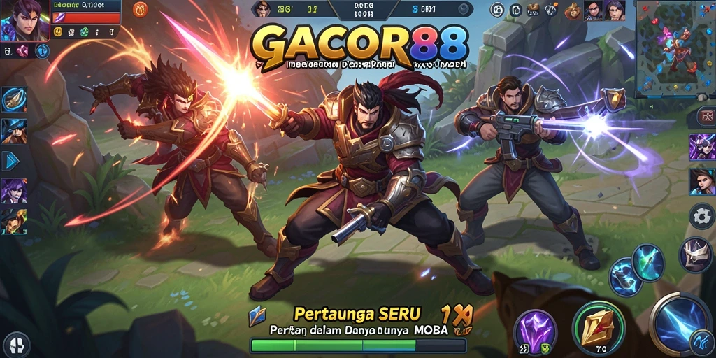 Screenshot GACOR88 menunjukkan aksi pertarungan yang seru dalam gameplay MOBA.