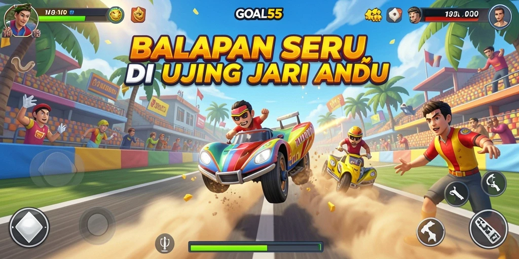 Tangkapan layar gameplay GOAL55 menampilkan aksi balap yang mendebarkan.