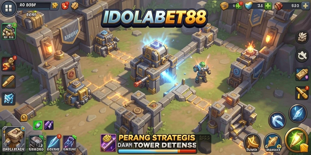 Tampilan menegangkan gameplay Tower Defense di IDOLABET88.